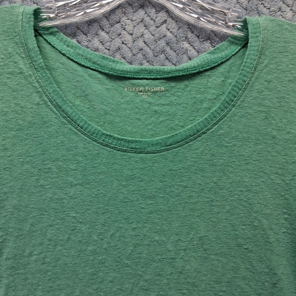 Eileen Fisher Green 100% Linen Knit Scoop Neck 3/4 Sleeve Pocket Top XS - Picture 2 of 8